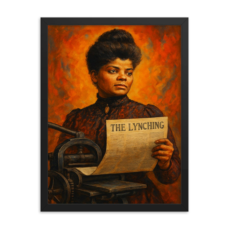 Ida B Wells with anti lynching press framed print on a plain backdrop in size 18