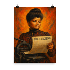 Ida B Wells with anti lynching press poster on a plain backdrop in size 8"x10".