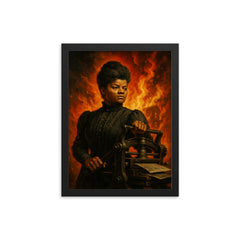 Ida B Wells with printing press and fire framed print on a plain backdrop in size 12"x16".