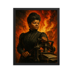 Ida B Wells with printing press and fire framed print on a plain backdrop in size 16"x20".