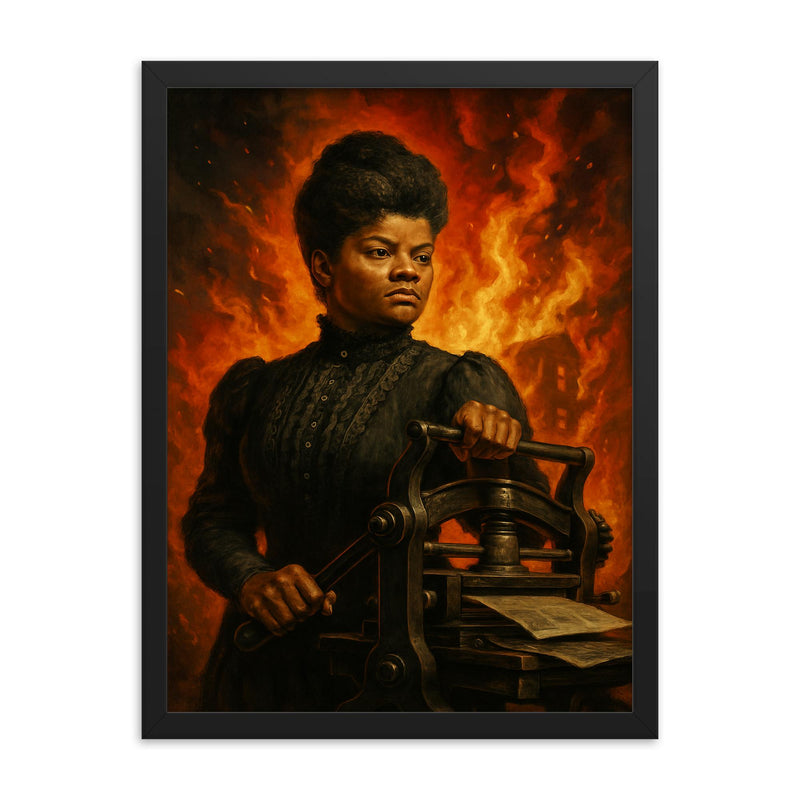 Ida B Wells with printing press and fire framed print on a plain backdrop in size 18