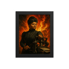 Ida B Wells with printing press and fire framed print on a plain backdrop in size 8"x10".