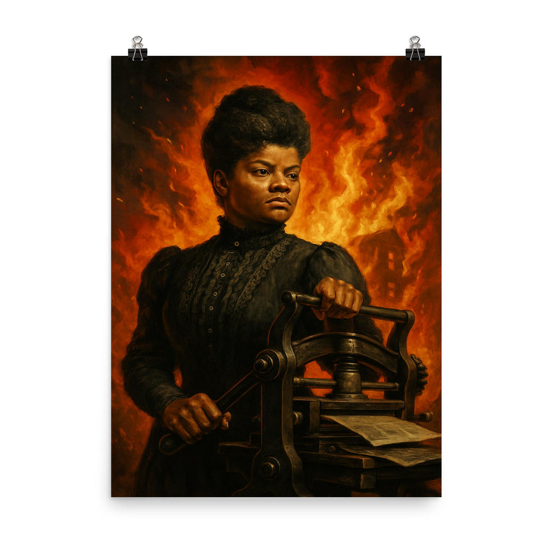 Ida B Wells with printing press and fire poster on a plain backdrop in size 8