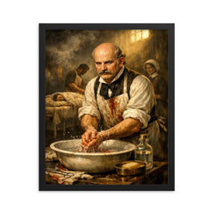 Ignaz Semmelweis at disinfected hospital basin framed print on a plain backdrop in size 16"x20".