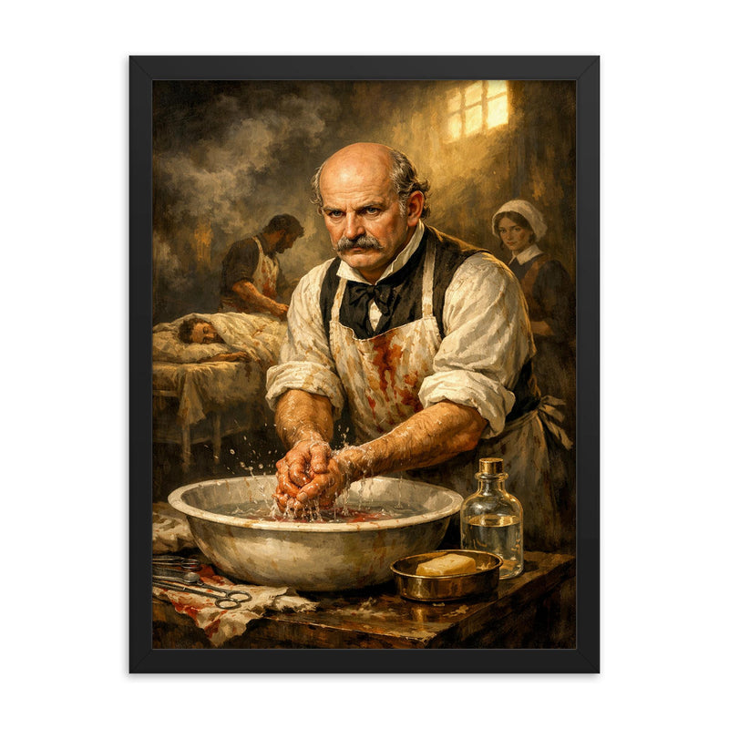 Ignaz Semmelweis at disinfected hospital basin framed print on a plain backdrop in size 18