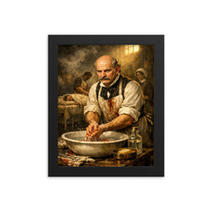 Ignaz Semmelweis at disinfected hospital basin framed print on a plain backdrop in size 8"x10".