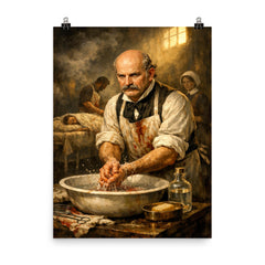 Ignaz Semmelweis at disinfected hospital basin poster on a plain backdrop in size 8"x10".
