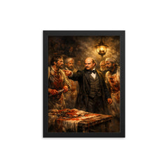 Ignaz Semmelweis confronting bloodstained doctors framed print on a plain backdrop in size 12"x16".