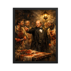 Ignaz Semmelweis confronting bloodstained doctors framed print on a plain backdrop in size 16"x20".