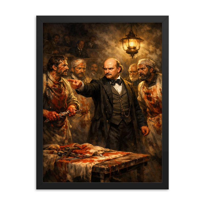Ignaz Semmelweis confronting bloodstained doctors framed print on a plain backdrop in size 18