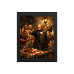 Ignaz Semmelweis confronting bloodstained doctors framed print on a plain backdrop in size 8"x10".