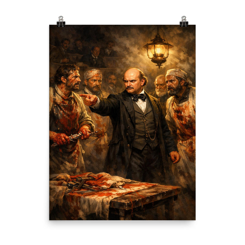 Ignaz Semmelweis confronting bloodstained doctors poster on a plain backdrop in size 8