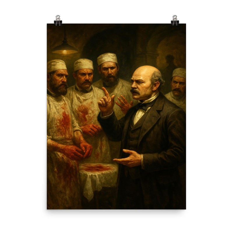 Ignaz Semmelweis confronting bloodstained surgeons poster on a plain backdrop in size 8