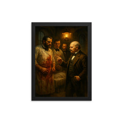 Ignaz Semmelweis confronting bloody surgeons in lamplit ward framed print on a plain backdrop in size 12"x16".