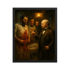 Ignaz Semmelweis confronting bloody surgeons in lamplit ward framed print on a plain backdrop in size 16"x20".