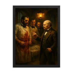 Ignaz Semmelweis confronting bloody surgeons in lamplit ward framed print on a plain backdrop in size 18"x24".