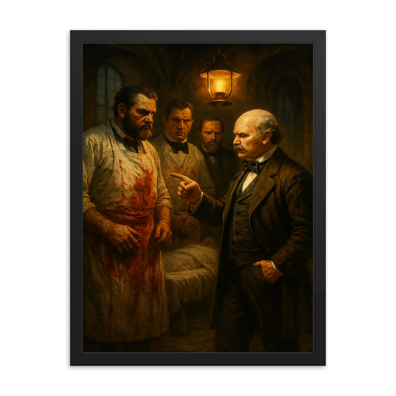 Ignaz Semmelweis confronting bloody surgeons in lamplit ward framed print on a plain backdrop in size 18