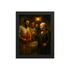 Ignaz Semmelweis confronting bloody surgeons in lamplit ward framed print on a plain backdrop in size 8"x10".