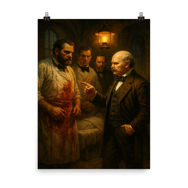 Ignaz Semmelweis confronting bloody surgeons in lamplit ward poster on a plain backdrop in size 8