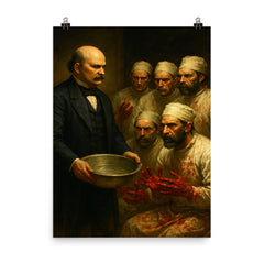 Ignaz Semmelweis confronting bloody surgeons with washbasin poster on a plain backdrop in size 8"x10".