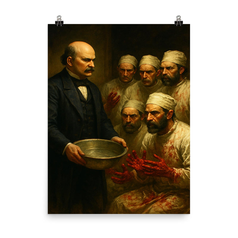 Ignaz Semmelweis confronting bloody surgeons with washbasin poster on a plain backdrop in size 8