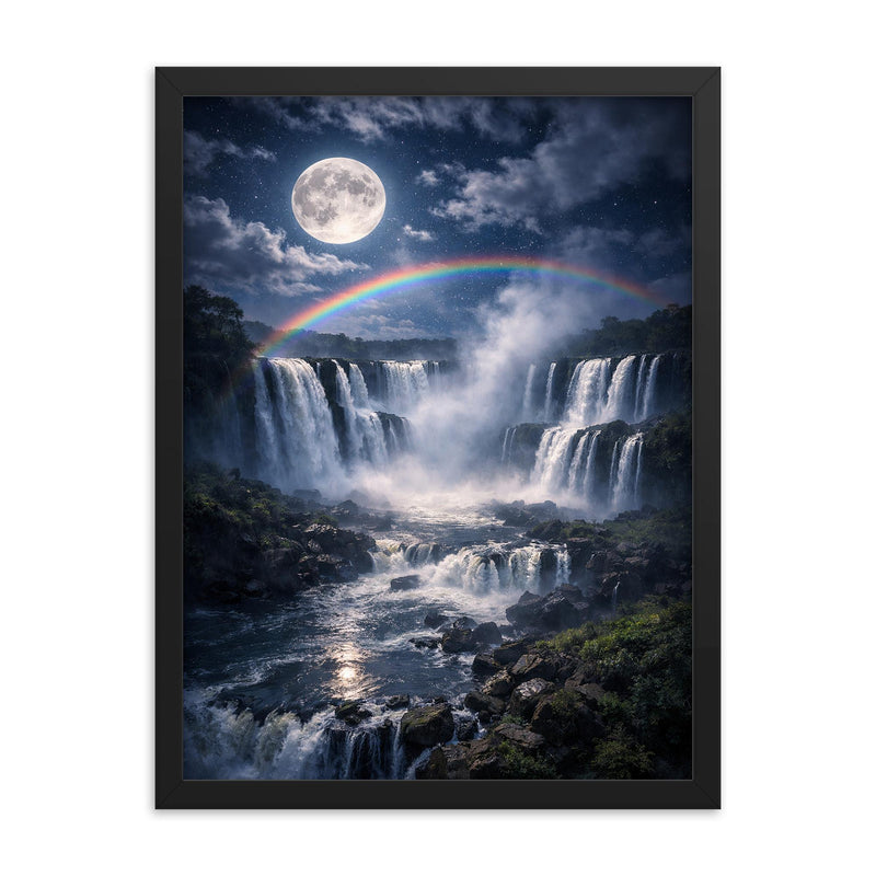 Iguazu Falls under full moon spray framed print on a plain backdrop in size 18