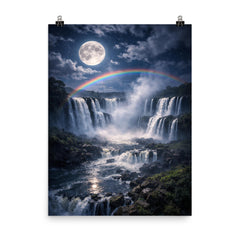Iguazu Falls under full moon spray poster on a plain backdrop in size 8"x10".