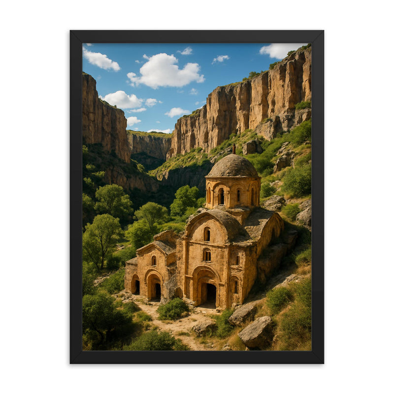 Ihlara Valley Rock Churches Turkey framed print on a plain backdrop in size 18