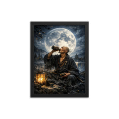 Ikkyu Sojun rogue zen monk drinking moonlight framed print on a plain backdrop in size 12"x16".