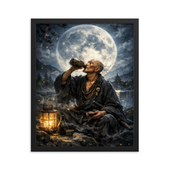 Ikkyu Sojun rogue zen monk drinking moonlight framed print on a plain backdrop in size 16"x20".