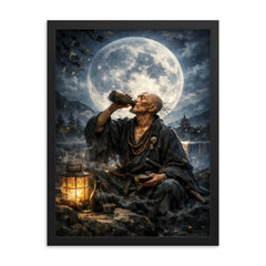 Ikkyu Sojun rogue zen monk drinking moonlight framed print on a plain backdrop in size 18"x24".