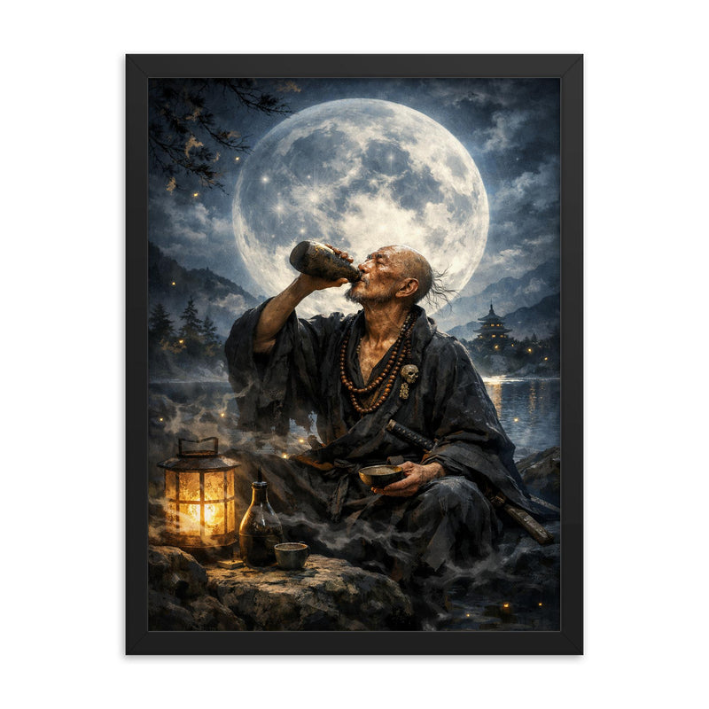 Ikkyu Sojun rogue zen monk drinking moonlight framed print on a plain backdrop in size 18