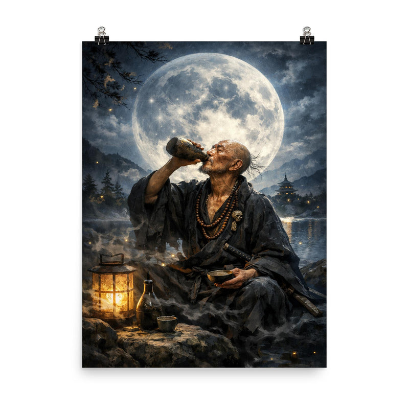 Ikkyu Sojun rogue zen monk drinking moonlight poster on a plain backdrop in size 8