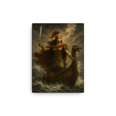 Illyrian queen Teuta on storm beaten galley canvas print on a plain backdrop in size 12"x16".
