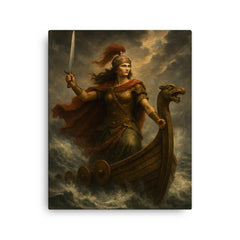 Illyrian queen Teuta on storm beaten galley canvas print on a plain backdrop in size 16"x20".