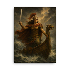 Illyrian queen Teuta on storm beaten galley canvas print on a plain backdrop in size 18"x24".
