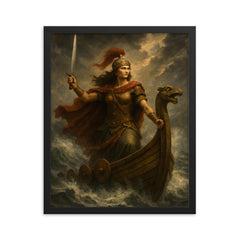 Illyrian queen Teuta on storm beaten galley framed print on a plain backdrop in size 16"x20".