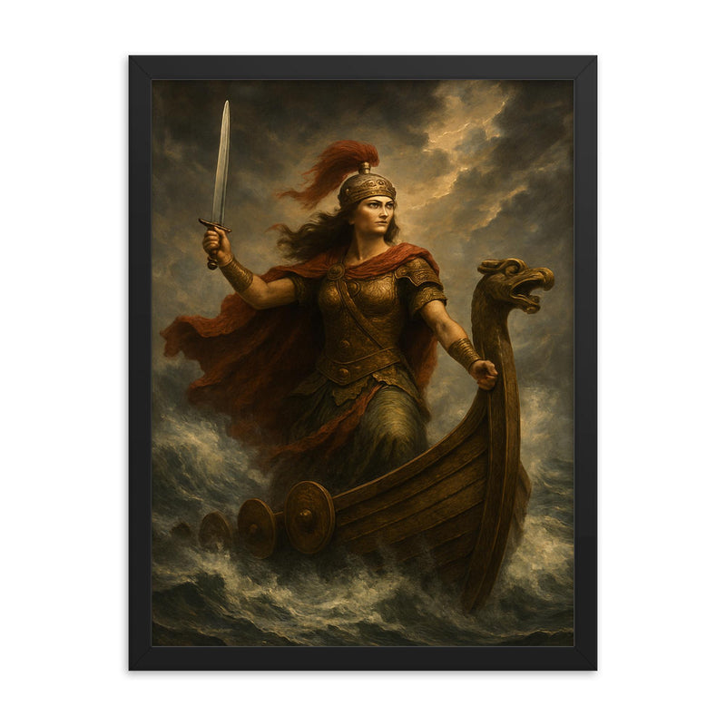 Illyrian queen Teuta on storm beaten galley framed print on a plain backdrop in size 18