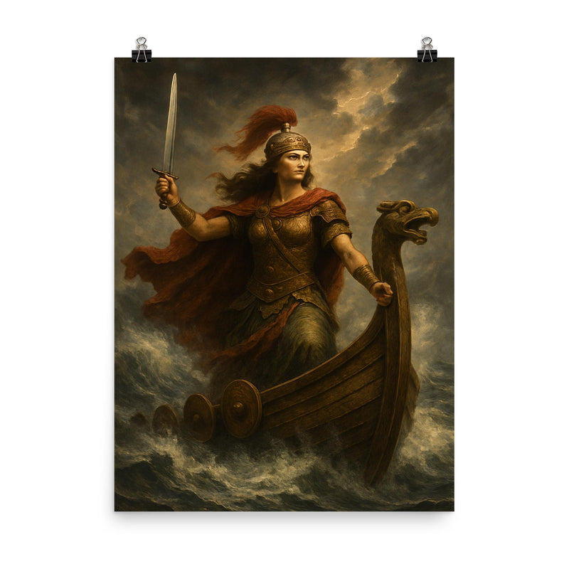 Illyrian queen Teuta on storm beaten galley poster on a plain backdrop in size 8