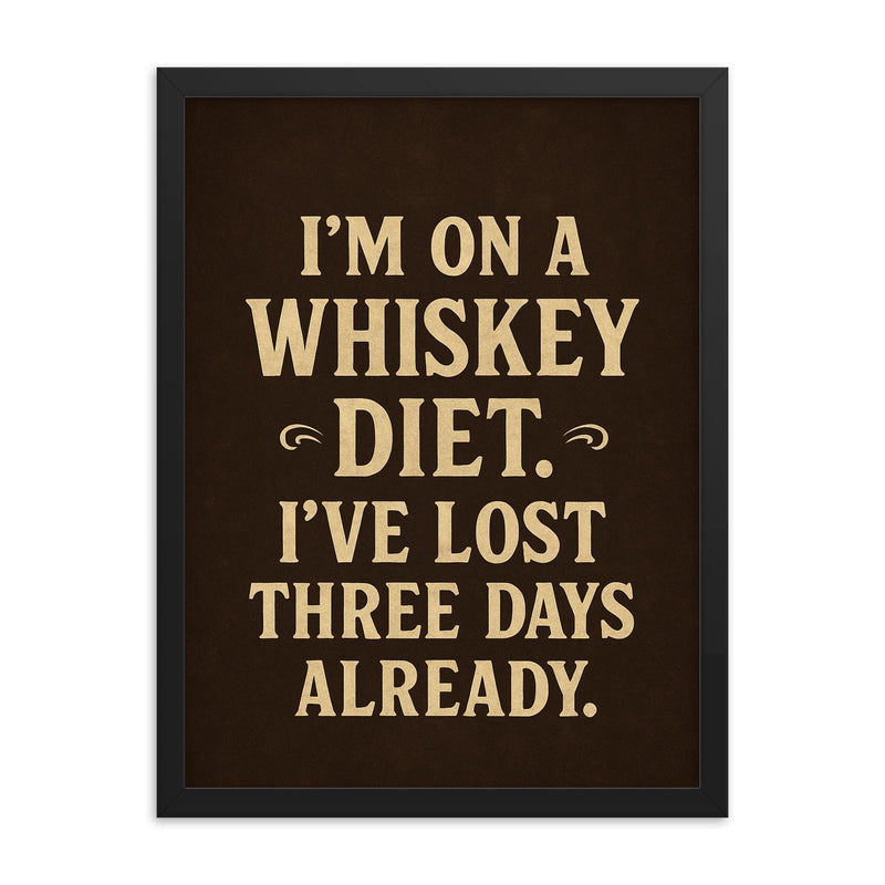 Im on a whiskey diet Ive lost three days already framed print on a plain backdrop in size 18