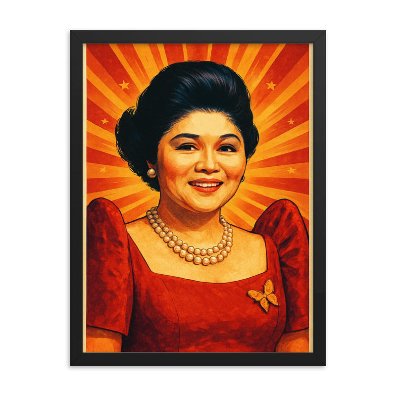 Imelda Marcos framed print on a plain backdrop in size 18