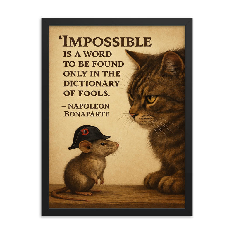 impossible is a word napoleon bonaparte quote mouse with tiny napoleon hat framed print on a plain backdrop in size 18