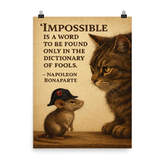 impossible is a word napoleon bonaparte quote mouse with tiny napoleon hat poster on a plain backdrop in size 8"x10".