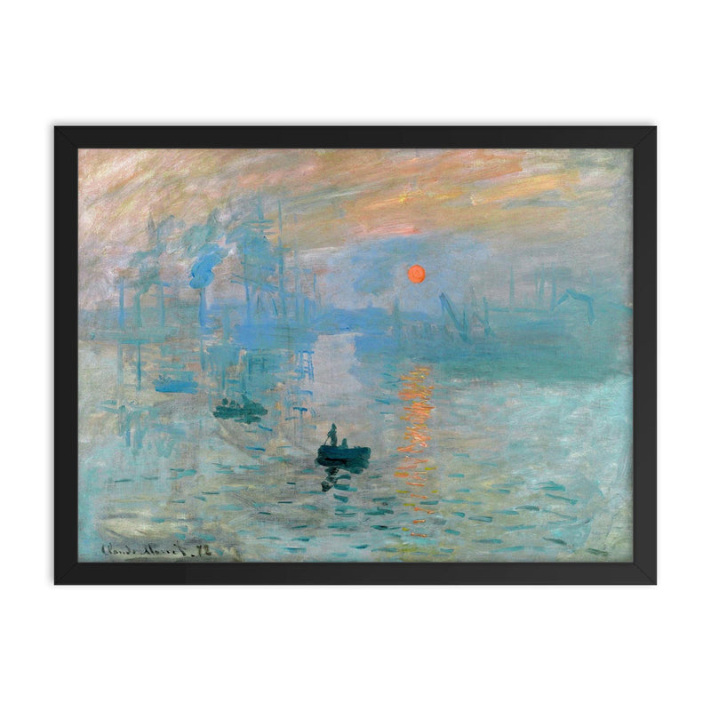 Impression, Sunrise by Claude Monet framed print on a plain backdrop in size 18