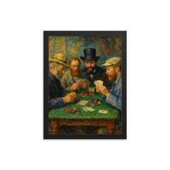 Impressionist painters playing poker framed print on a plain backdrop in size 12"x16".