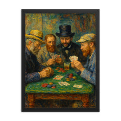 Impressionist painters playing poker framed print on a plain backdrop in size 18"x24".
