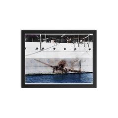 Imprint of a Mitsubishi Kamikaze Zero on H.M.S Sussex, 1945 framed print on a plain backdrop in size 12"x16".