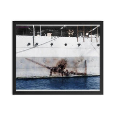 Imprint of a Mitsubishi Kamikaze Zero on H.M.S Sussex, 1945 framed print on a plain backdrop in size 16"x20".