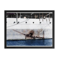 Imprint of a Mitsubishi Kamikaze Zero on H.M.S Sussex, 1945 framed print on a plain backdrop in size 18"x24".