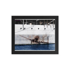 Imprint of a Mitsubishi Kamikaze Zero on H.M.S Sussex, 1945 framed print on a plain backdrop in size 8"x10".
